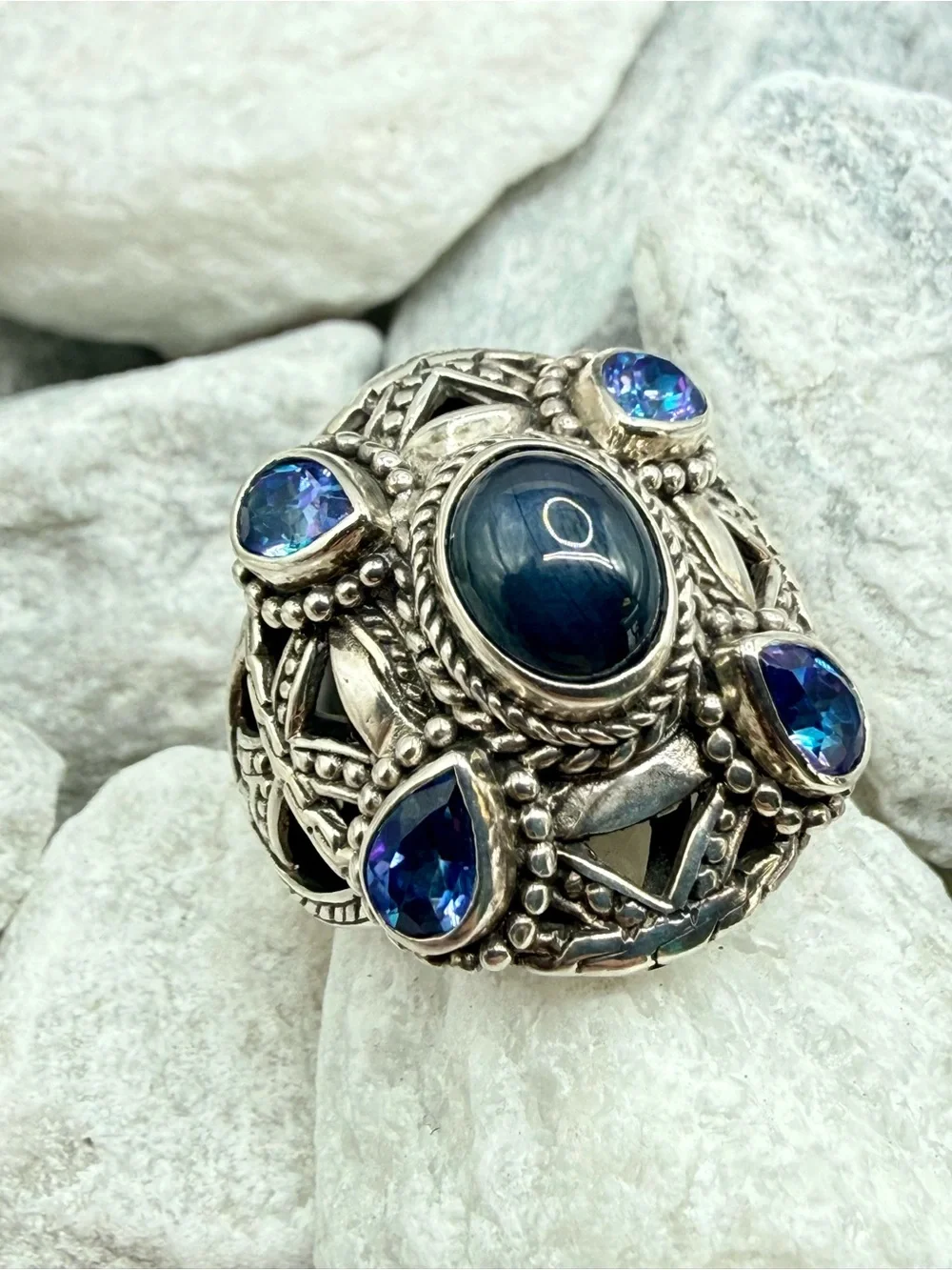 Vintage SARDA 925 Sterling Silver Sapphire Blue Topaz Statement Ring Size 8 EUC